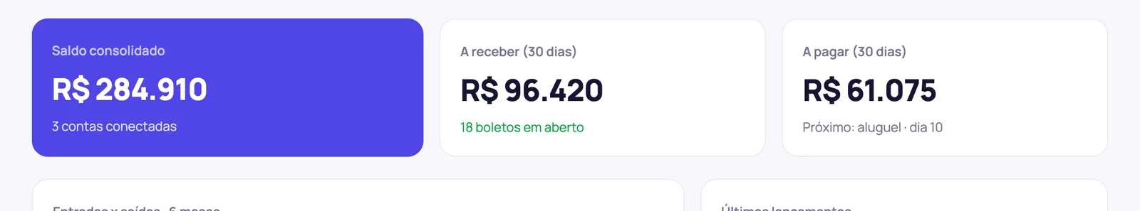 Cards de saldo, recebíveis e contas a pagar: Fluxa