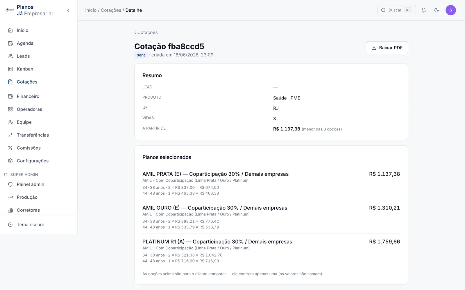 Detalhe da cotação com os planos selecionados: Planos Já
