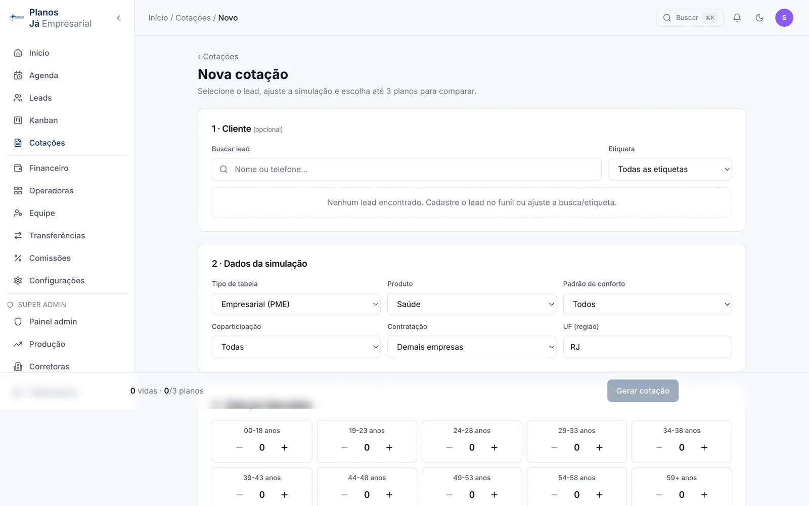 Assistente de nova cotação: Planos Já