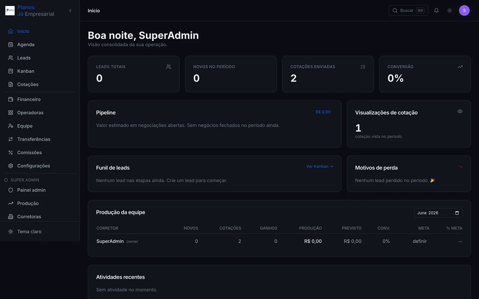 Painel inicial no modo escuro: Planos Já